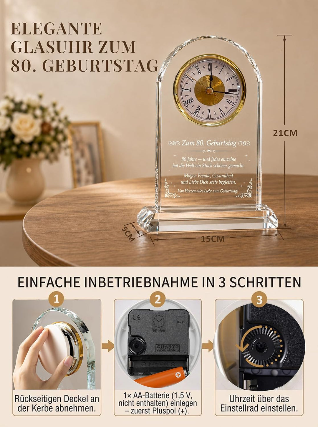 Geschenk 80. Geburtstag Frau &amp; Mann - Glas Tischuhr mit Gravur, 80. Geburtstag