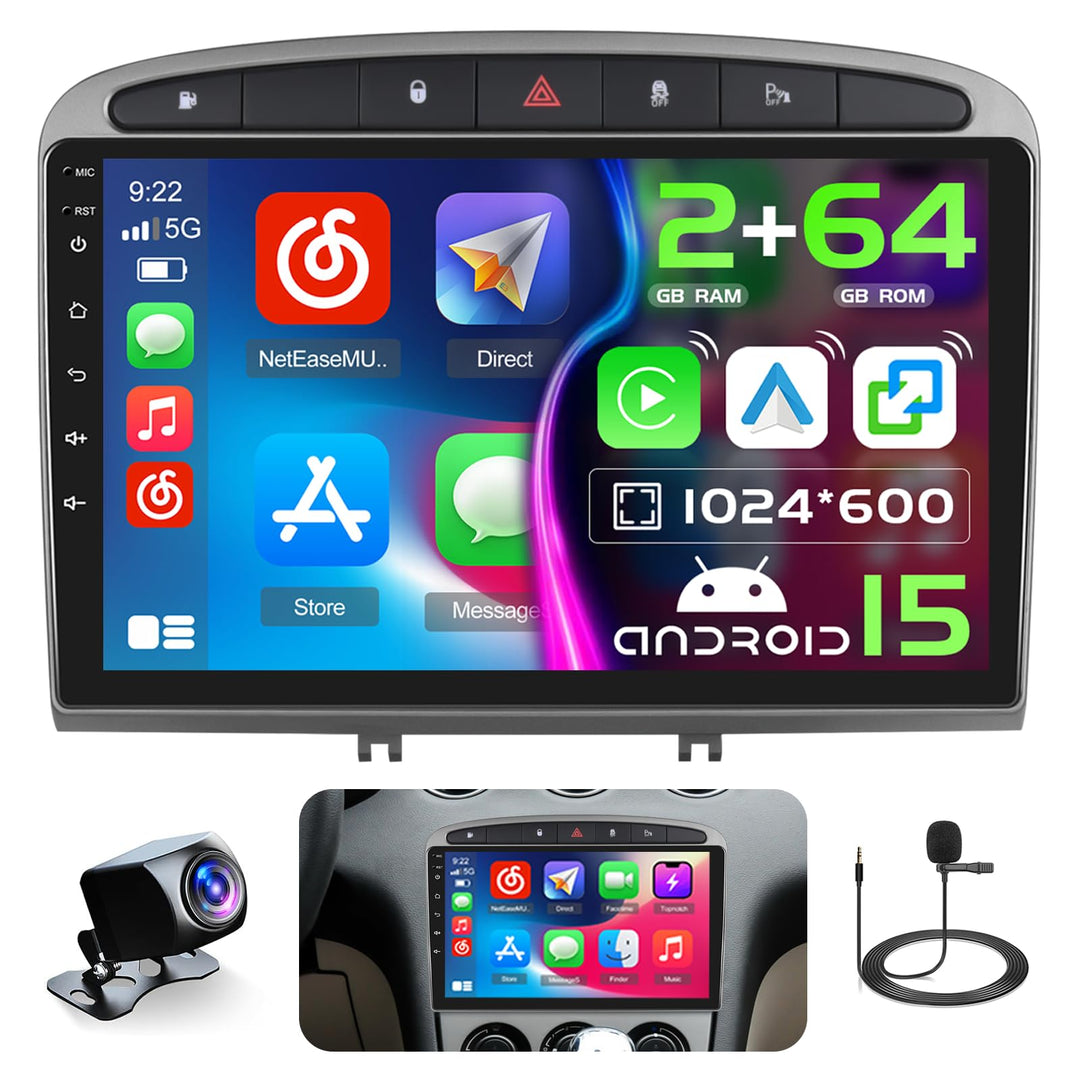 Hikity Android 15 Autoradio für Peugeot 308 2007-2015 9 Zoll CarPlay 2+64G, 2+64G