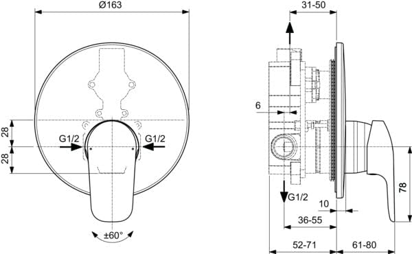Ideal Standard Ceraflex, Mischbatterie für Badewanne oder Dusche, Einbau, Einweg, Aussenteile, verch