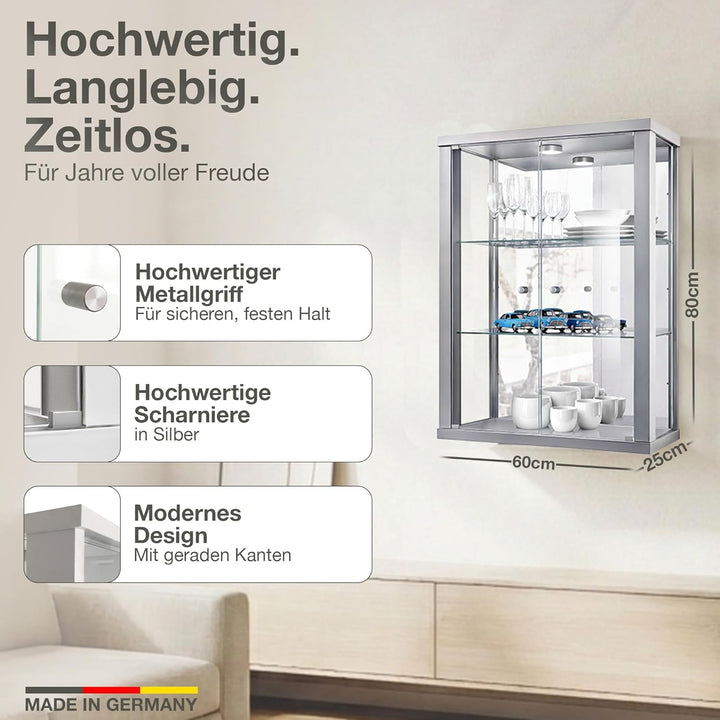 K-Möbel Hängevitrine in Alu/Silber (80x60x25 cm) mit 2 höhenverstellbaren Glasböden, Spiegel &amp; LED -