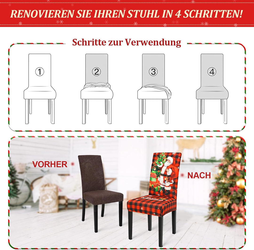 Yugarlibi Weihnachten Stretch Stuhlhussen 6er Set Weihnachtsmann Stuhlbezug Schwingstuhl Universal E