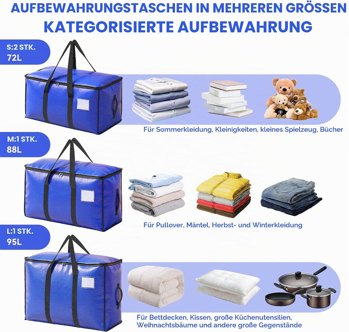 4pcs Grosse Aufbewahrungstasche 72L-95L Heavy-Duty Umzugstaschen Faltbare Umzugskartons mit Reissver