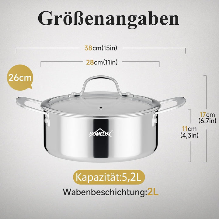 Töpfe Induktion 26cm 5,2L Topf Edelstahl Kochtopf,Töpfe mit Wabenstruktur Beschichtete,Kochtopf Indu
