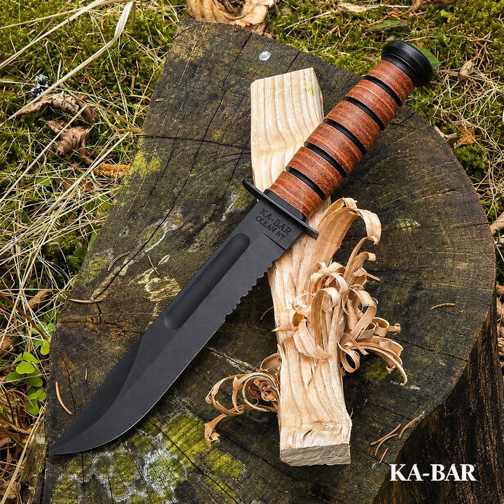 Ka-Bar US Army 7" Fixed Blade Knife, Serrated Leather Handle w/Brown Sheath 