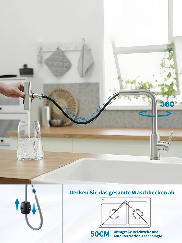 JOOM Küchenarmatur Ausziehbar Edelstahl, 3 Strahlarten, 360° Gebürstet, Gebürstet