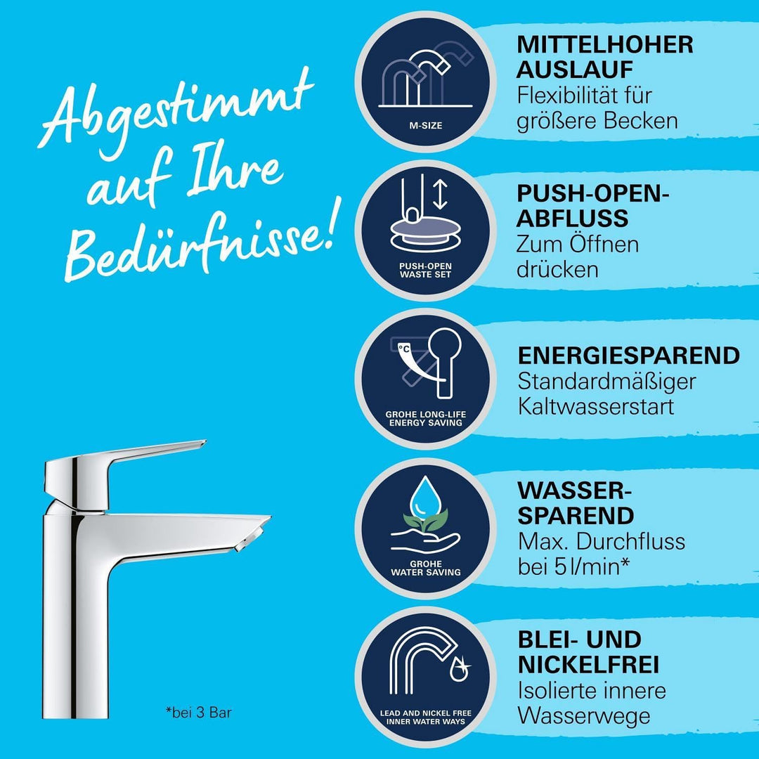 GROHE Start, energiesparende Waschtischarmatur, Kaltwasser in Mittelstellung (Wasserhahn für das Was