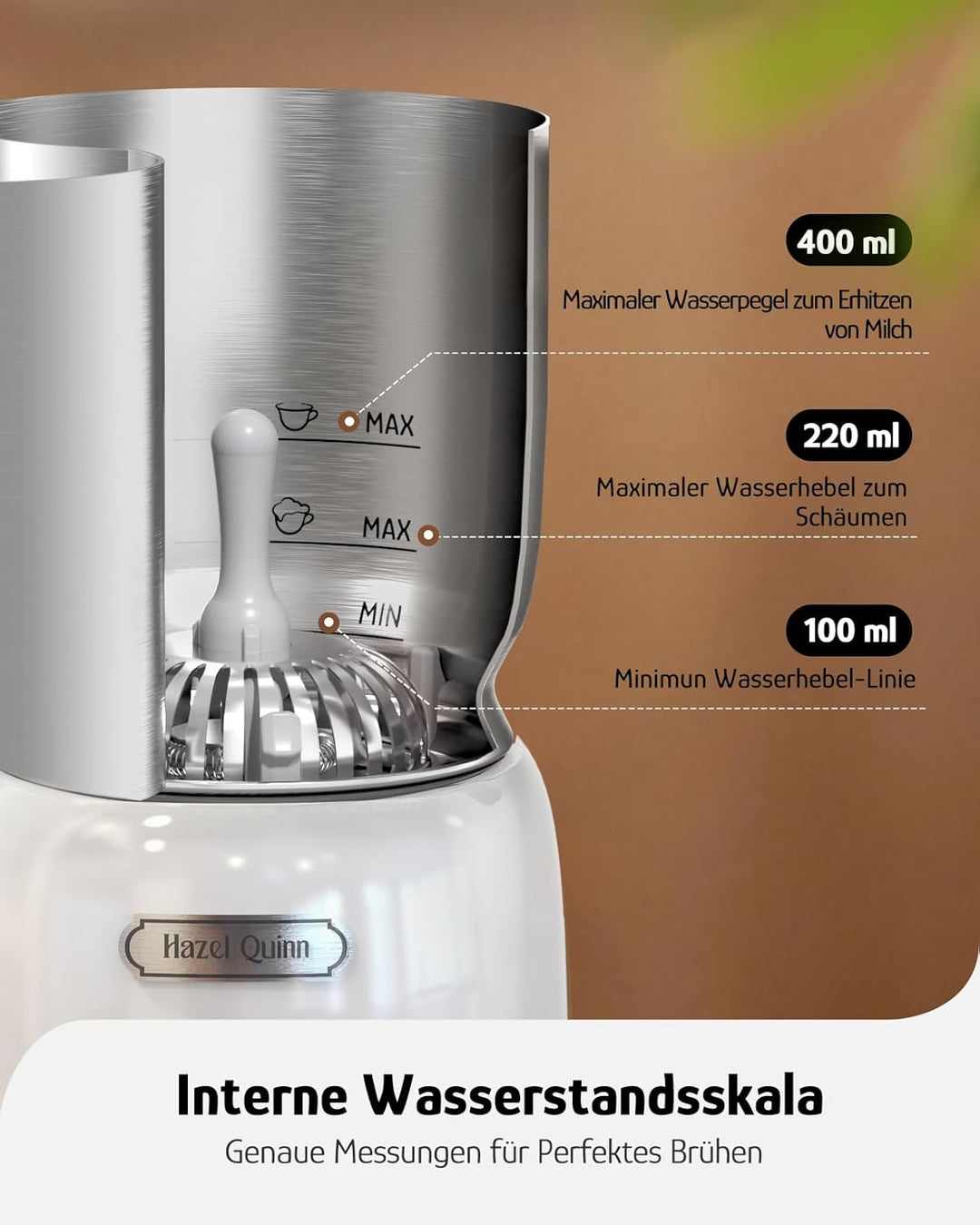 Hazel Quinn Milchaufschäumer 5-in-1 Funktionalität, 450 ml für Milchschaum heiss und kalt, heisse Sc