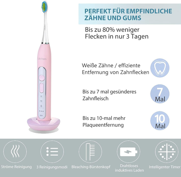 Lächen Sonic elektrische Zahnbürste Schallzahnbürste mit 4 Aufsteckbürsten und Timer, 3 Modi &amp; 3 Vib
