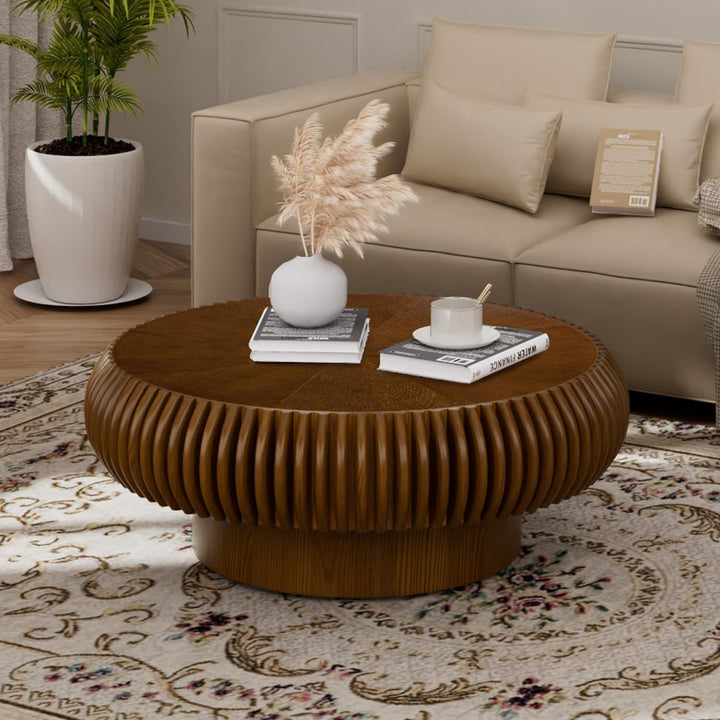 Runder Trommel-Couchtisch aus Holz (B Nussholz 80 cm), B Nussholz 80 Cm