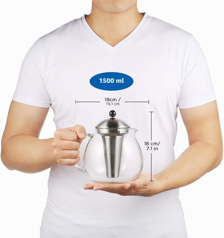 glastal Glas Silberne Teekanne 1500ml mit 18/8 Edelstahl Teesieb Borosilicate Glas Teebereiter Glask