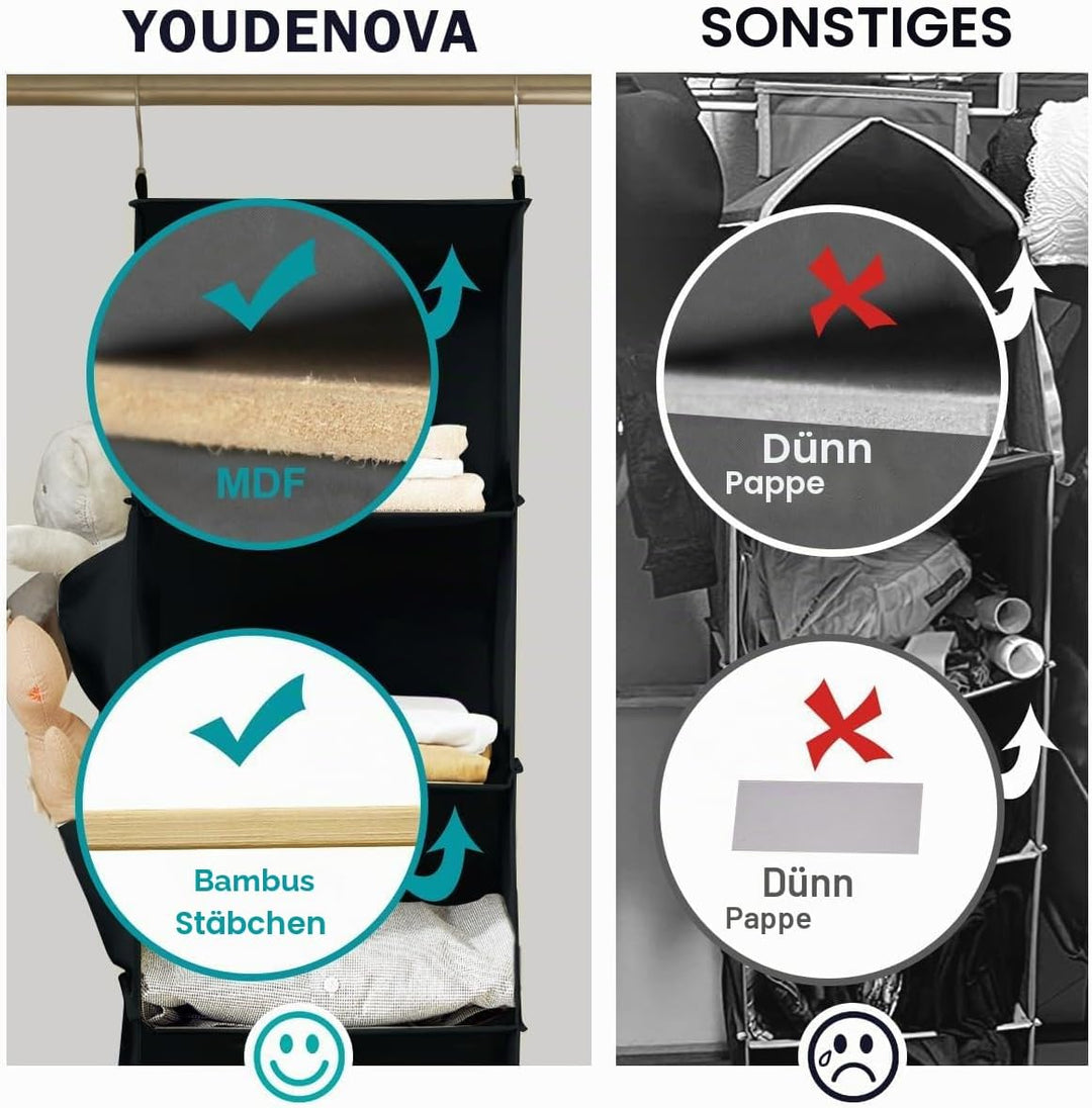YOUDENOVA Hängeregal, Kleiderschrank-Organizer, Hängeaufbewahrung mit Bambus-Stöcke und MDF-Platten