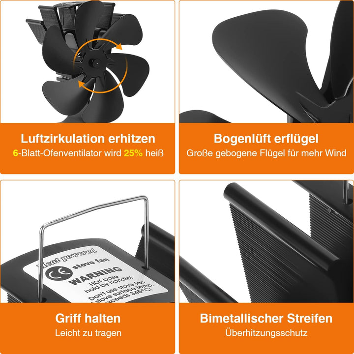 Tubiaz 6 Blättern Kaminventilator, Ofenventilator hitzebetrieben， Kamin Ofen Ventilator für Holzbren