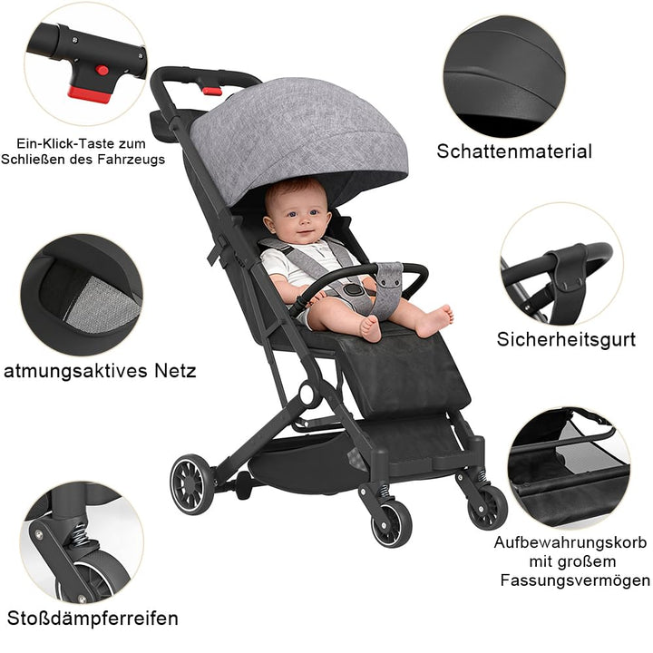 Kinderbuggy, Kinderwagen mit Sonnenschirm, Kinderwagen Zusammenklappbar, Buggy mit Liegefunktion, Ka