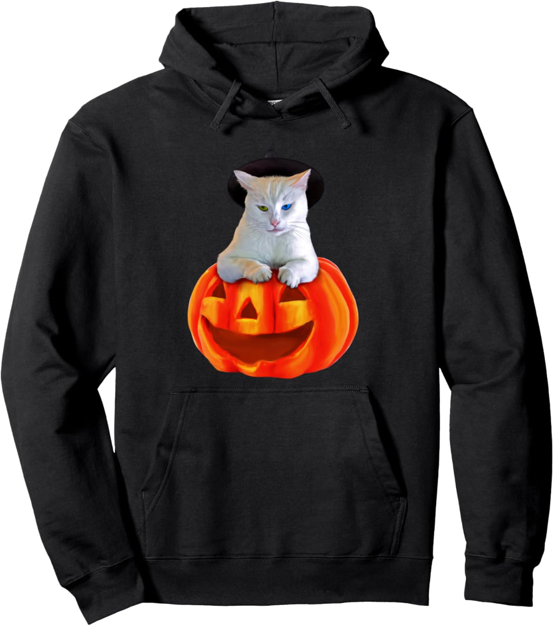 Halloween Cat Witch Hat Pumpkin White Cat Costume Kitty Pullover Hoodie