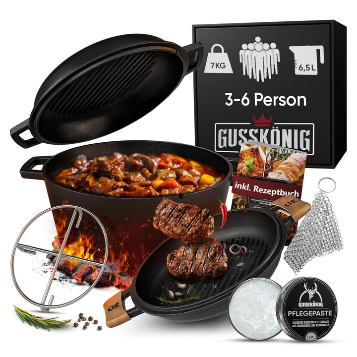 Dutch Oven–2in1 Eingebrannter Gusseisen Topf 4,8 L &amp; Gusspfanne 1,8 L–Dutch Oven Set mit Schmortopf