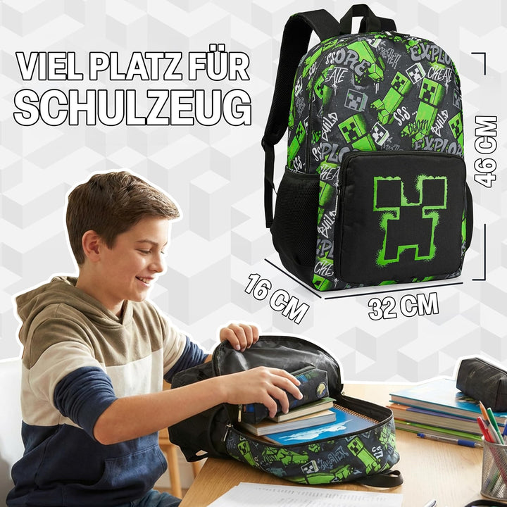 Minecraft Rucksack Kinder Jungen Kinderrucksack Creeper Freizeitrucksack mit Reissverschluss-Fächern
