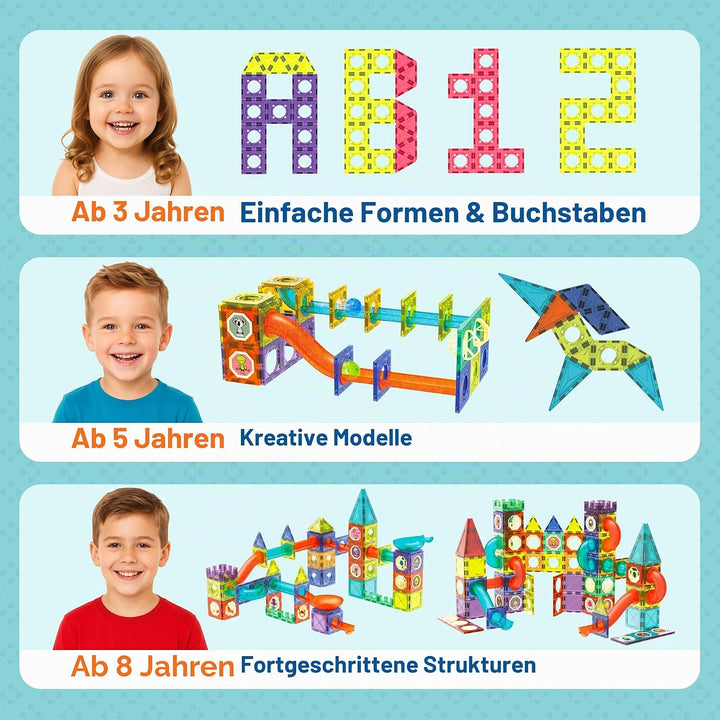 CELMAN Magnetspiel 75 Teile - Magnetbausteine Kinder mit Kugelbahn &amp; LED Licht - Magnetische Murmelb