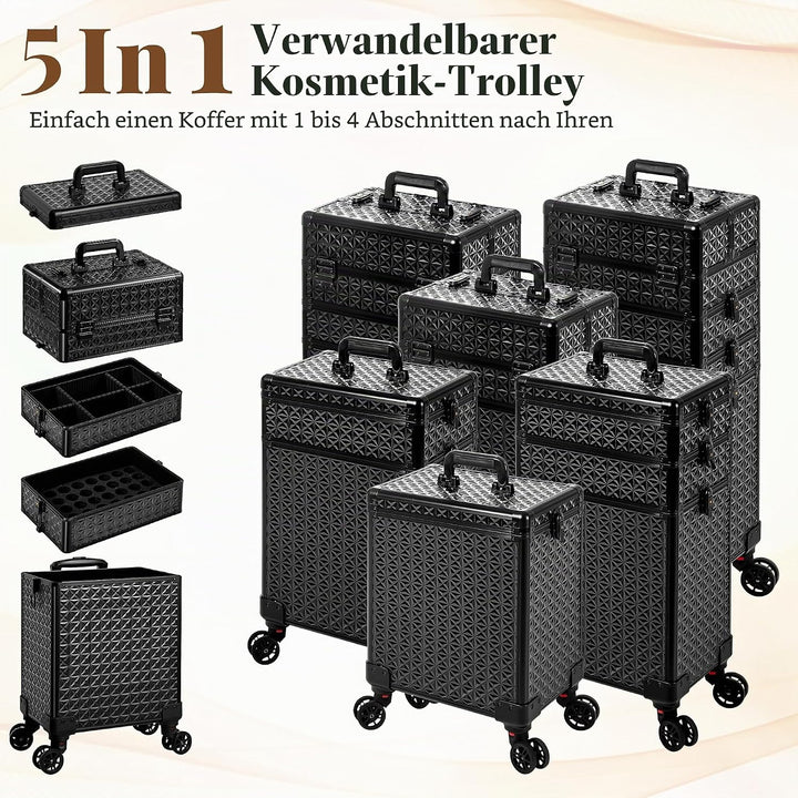 Arous 5-in-1 Profi-Kosmetikkoffer, Aluminium, mit 360° drehbaren Rädern Schwarz, Schwarz