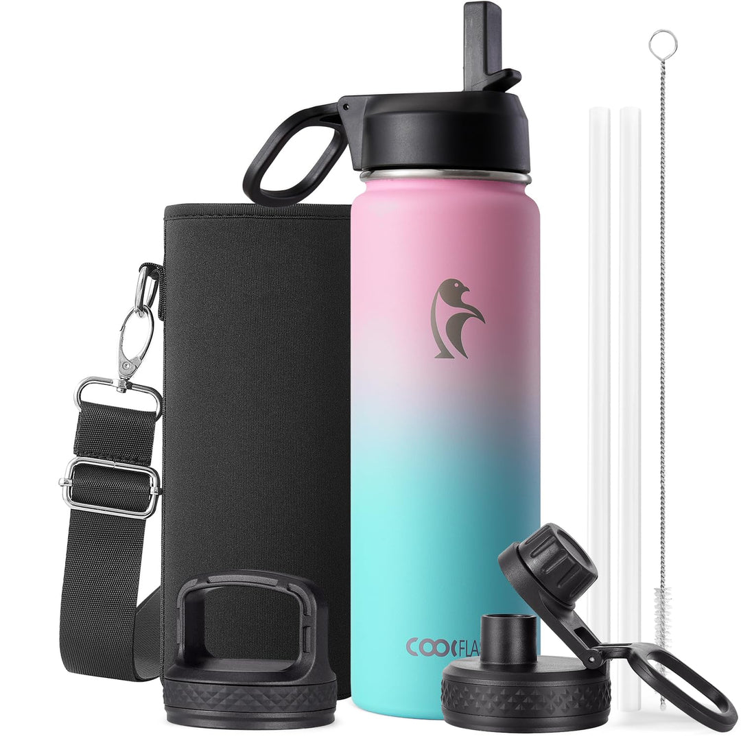Coolflask Wasserflasche 24 oz isoliert mit Strohhalm, rostfreier Stahl 3 Deckel Wasserflasche mit br