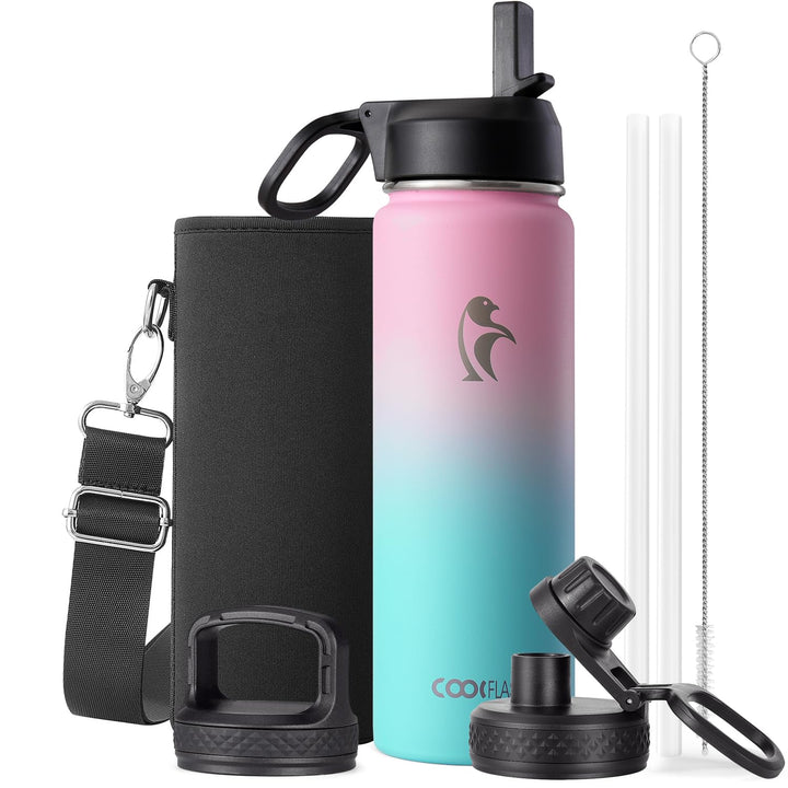 Coolflask Wasserflasche 24 oz isoliert mit Strohhalm, rostfreier Stahl 3 Deckel Wasserflasche mit br