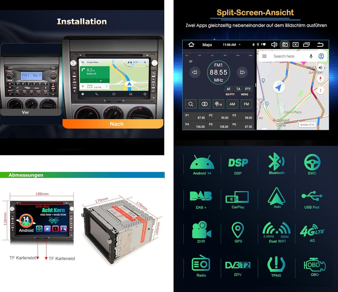 Erisin 8-Kern 4GB+64GB Android 12 Autoradio Bluetooth mit GPS Navigation Für VW T5 Passat Polo Jetta