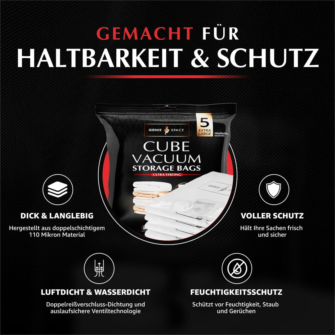 GENIE SPACE Vakuumbeutel - 5er Pack, Extra Gross, 100x80x38cm | Platzsparende Packwürfel | Luftdicht