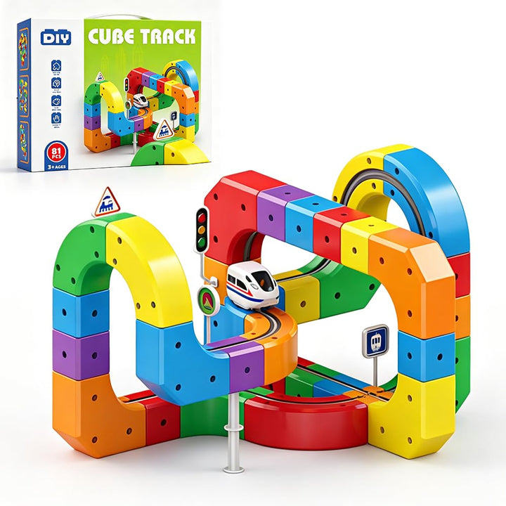 Cube Track, 81 Stück DIY Clickrail Electric Train Set, Magnitrack mit Schwerkraftdefying 3D-Layouts,