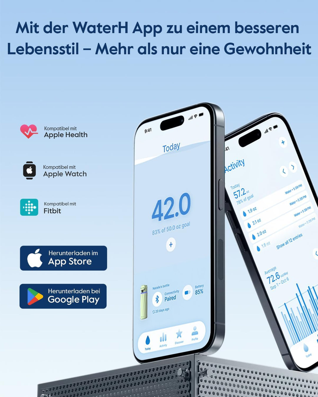 WaterH BOOST Smart Trinkflasche mit Trinkerinnerung &amp; Trinktracker, 710 ml Green 710 ml, Green 710 m