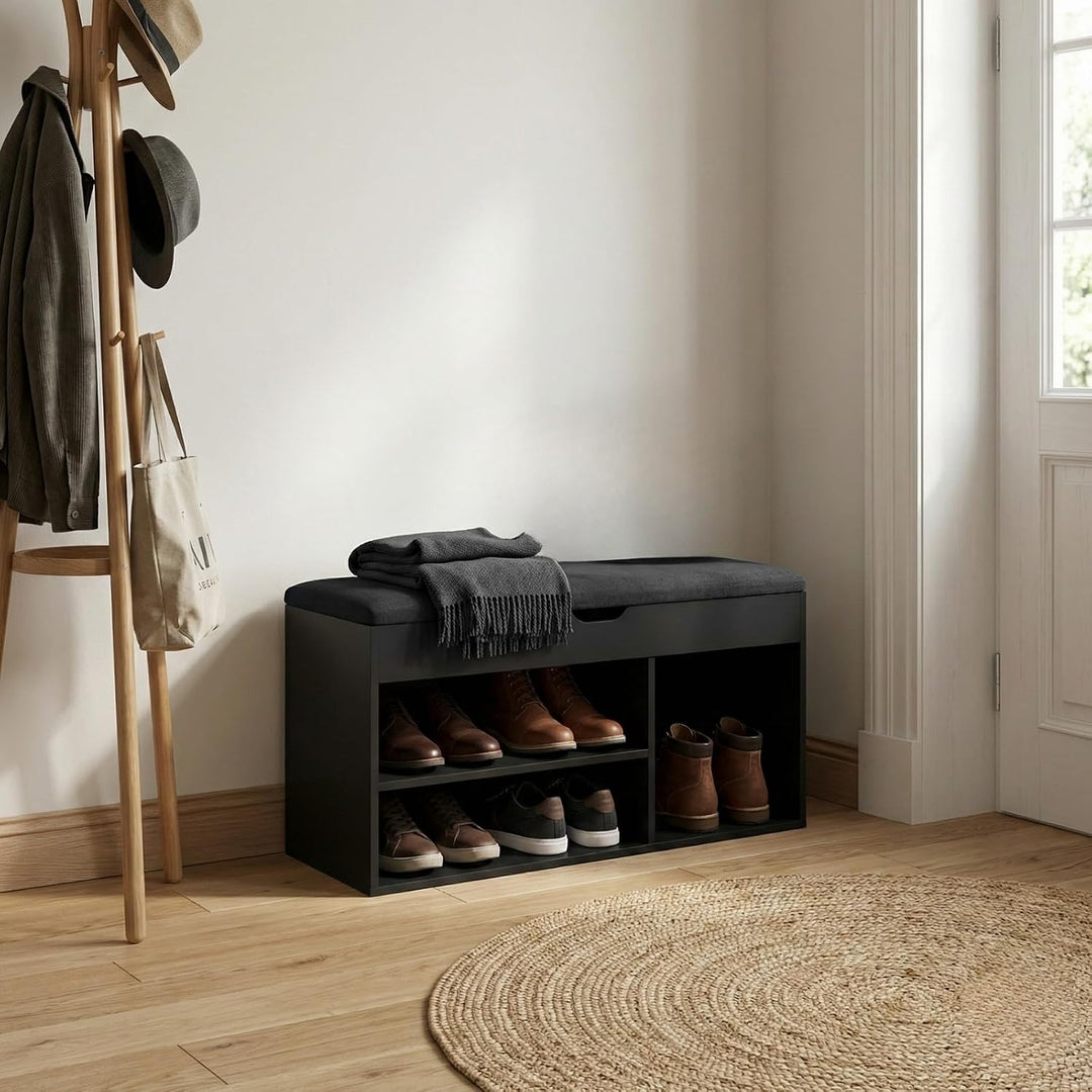 BOXIMO TRIA Schuhschrank mit Sitzbank, MDF und Polyester, 80 x 43 x 30 cm (Schwarz), Schwarz