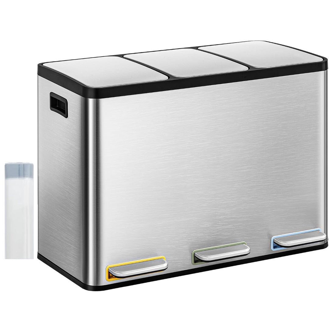 Hzuaneri Mülleimer Küche, Mülltrennsystem 3 Fächer 45L (3 x 15 L), Edelstahl-küchenmülleimer, Tretmü