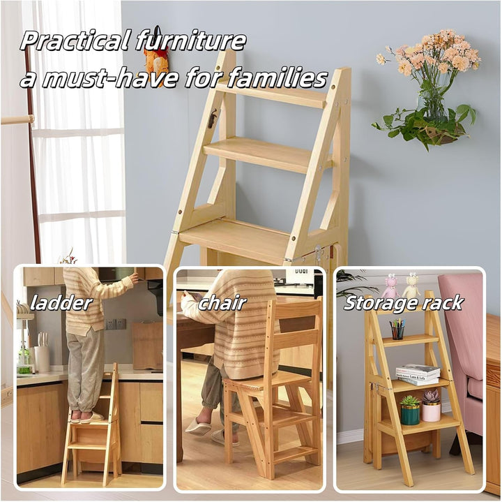 3-in-1 Holz Tritthocker Klappbar, 4 Stufen Leiterstuhl Multifunktionaler Klapptritt als Hocker &amp; Lei