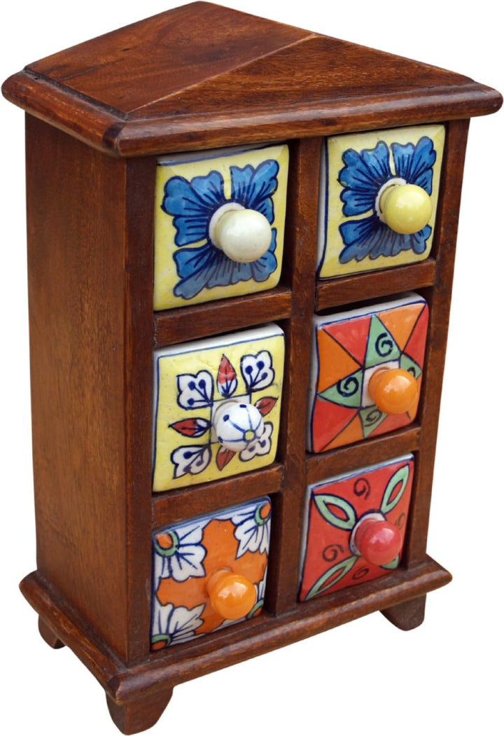 GURU SHOP Apothekerschränkchen mit Bunten Keramik Schubfächern - 2x3 Fächer Modell 2, Braun, 30x18x1