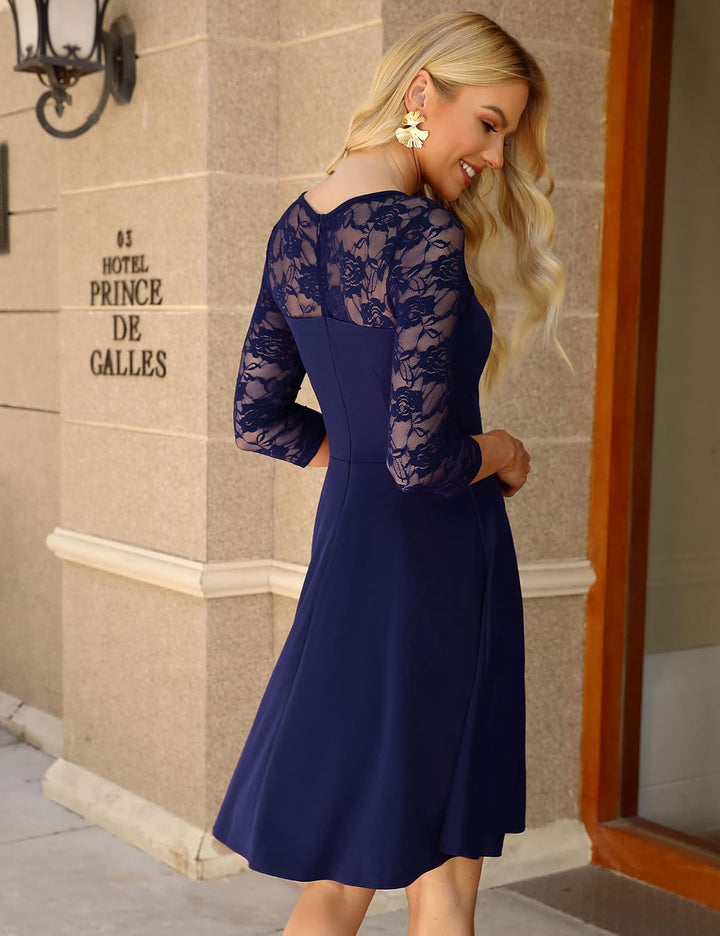 KOJOOIN Damen Elegant Spitzenkleid Cocktailkleid Brautjungfernkleider für Hochzeit Abendkleider Rund
