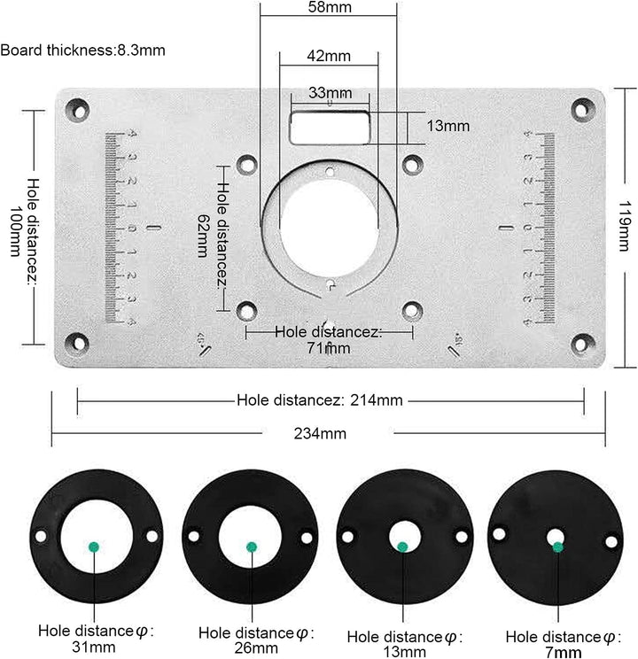 Omabeta Router Table Insert Plate Set Aluminium Board Trimmmaschine Flip Board mit 4 Ringen und Schr