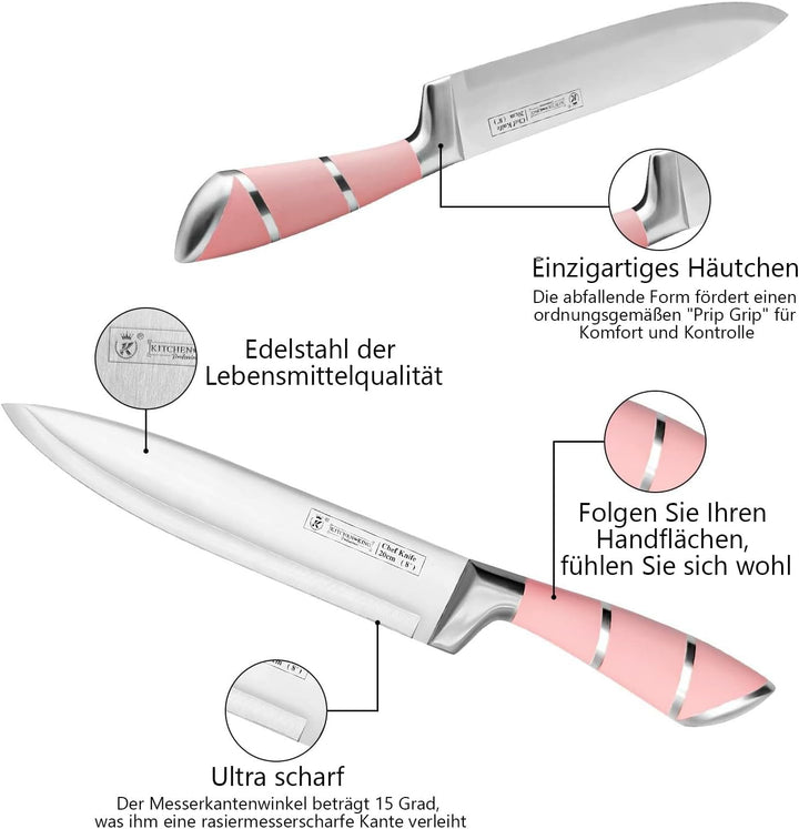 9-tlg Messerset mit Drehbare Acryl Messerblock, Rosa Sharp Antihaft Beschichtete Kochmesser Block Se