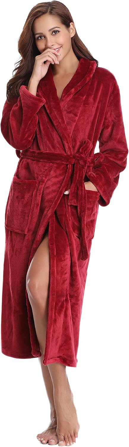 Vlazom Winter Bademantel weicher Flanell Bademantel Damen Saunamantel mit Kapuze Flauschiger Morgenm
