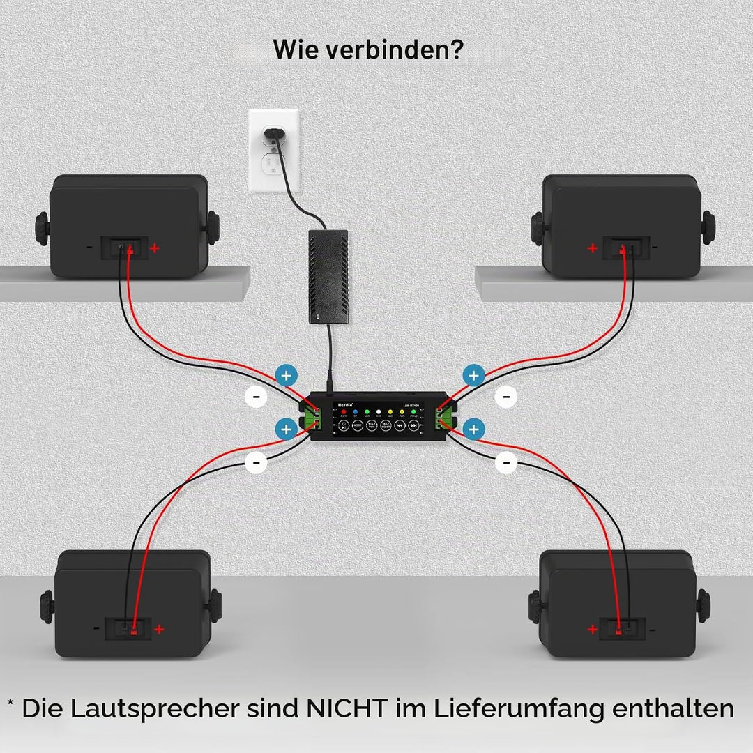Herdio 4-Kanal-Verstärker Bluetooth 5.0 Amp Receiver 200W Ausgangsleistung mit 24V5A AC-DC Netzteil