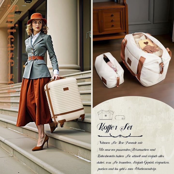 COOLIFE Koffer Set 3tlg, 20" Koffer Klein mit Reisetasche &amp; Kulturbeutel Blau/Braun Handgepäck-Set 3