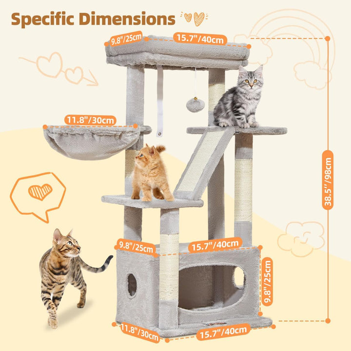 Taoqimiao Kratzbaum, 98cm katzenbaum Stabil KatzenKratzbaum Cat Tree mit Katzenhaus, Korb, 4 Kratzsä