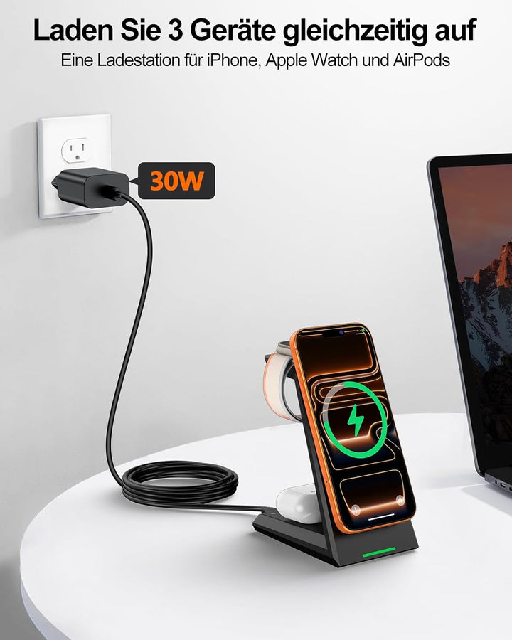 ADADPU 3-in-1 Ladestation, mit MagSafe kompatibel, 30-W-Netzteil, Schwarz, Schwarz