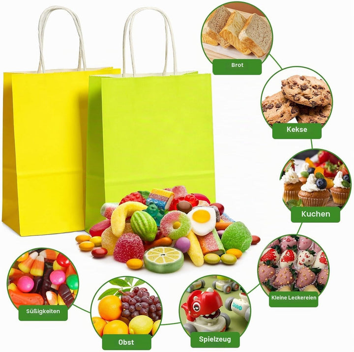Gucass 50 Stück Gross Papiertüten mit Henkel, Bunt Kraft Papiertaschen Geschenktüten, 26x12x33cm Pap