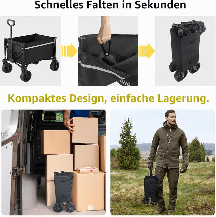ROSONG Faltbarer Bollerwagen mit Rädern, zusammenklappbar, robust, für Einkäufe, Sport, Garten, Eink