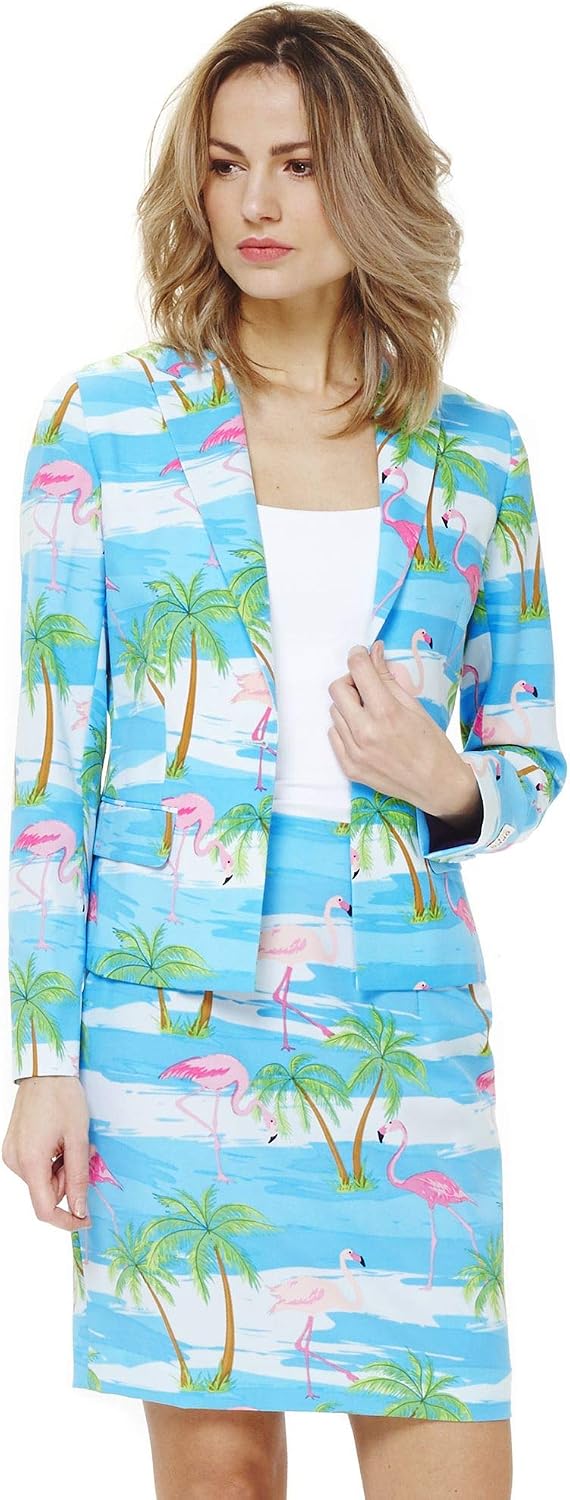 OppoSuits - Verrückter Anzug mit lustigen Prints für Damen - Komplettes Set: Jacke und Rock 34 Flami