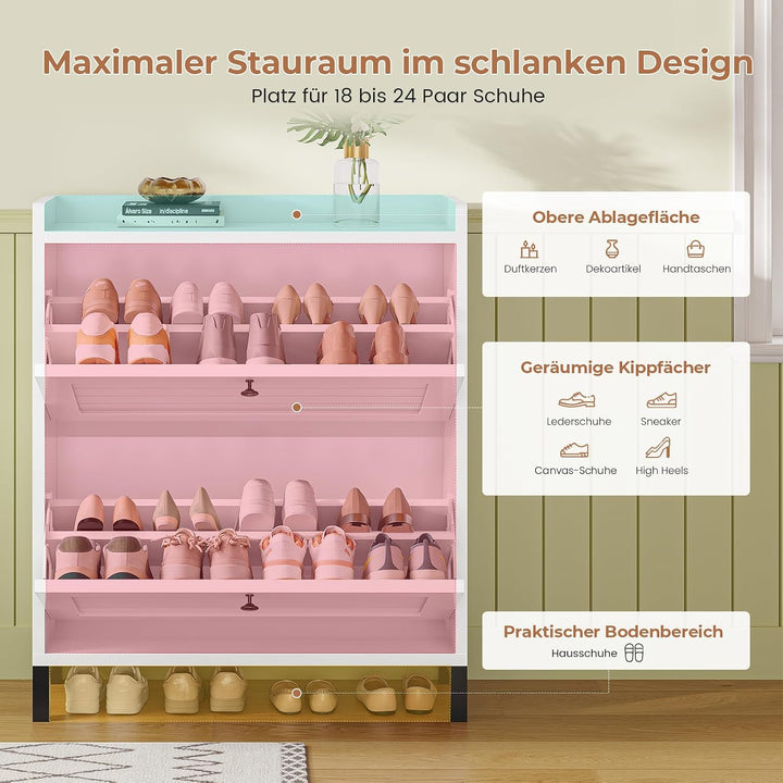 AOGLLATI Schuhschrank Schmal, Schuhkipper mit 2 Klappen, Holz, Weiss 2 Klappen Schuhschrank, 2 Klapp