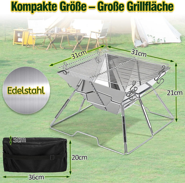 Mini Campinggrill Klappbar 31x31cm Holzkohlegrill Edelstahl Tragbarer Grill mit Tragetasche, Kleiner