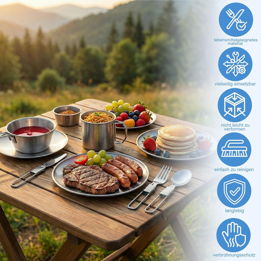 Campingbesteck Set für 2 Personen - Camping Geschirr Set mit Edelstahl Faltbares Klappbesteck &amp; Etui