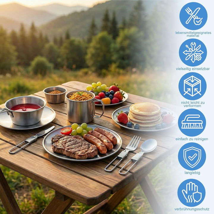 Campingbesteck Set für 2 Personen - Camping Geschirr Set mit Edelstahl Faltbares Klappbesteck &amp; Etui