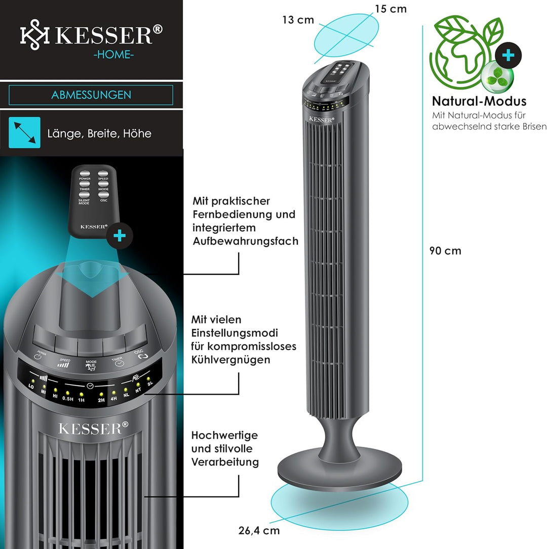 KESSER® Turmventilator mit Fernbedienung | 90° Oszillationswinkel | 3 Stufen | 90 cm |+ Timerfunktio