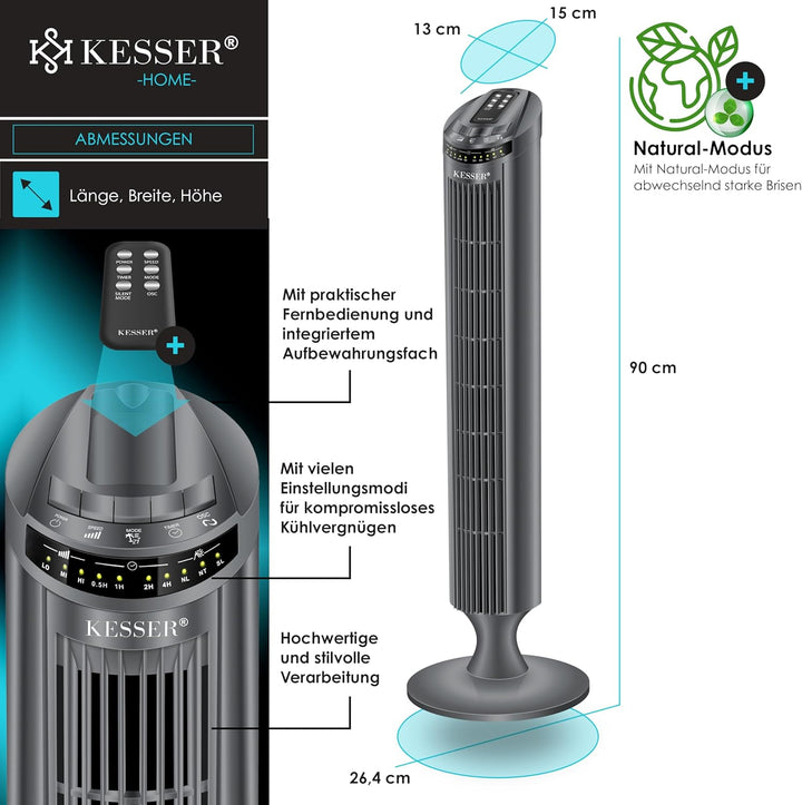 KESSER® Turmventilator mit Fernbedienung | 90° Oszillationswinkel | 3 Stufen | 90 cm |+ Timerfunktio