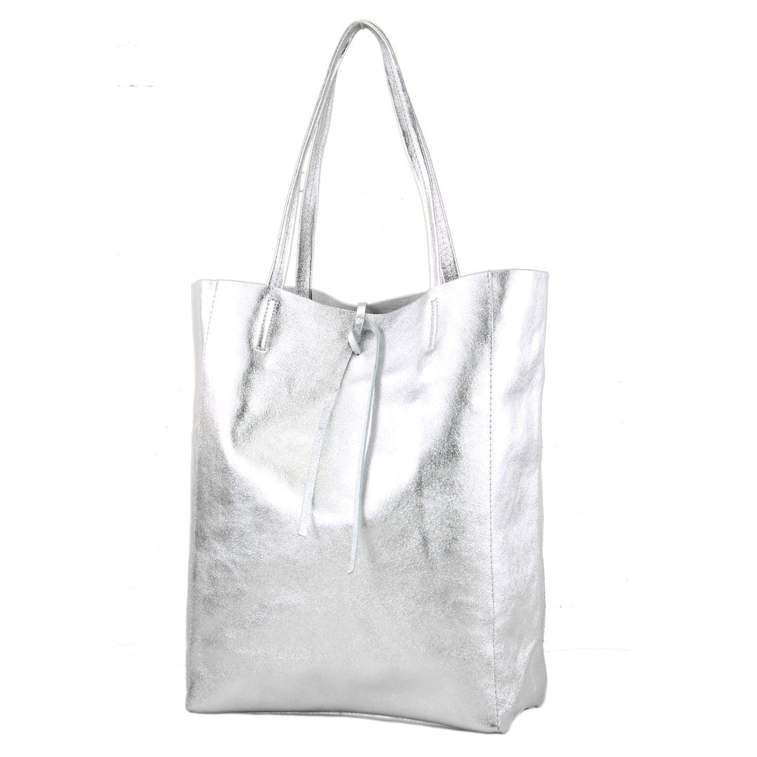 modamoda de - T163 - Ital. Shopper Large mit Innentasche aus Leder, Silber-metallic